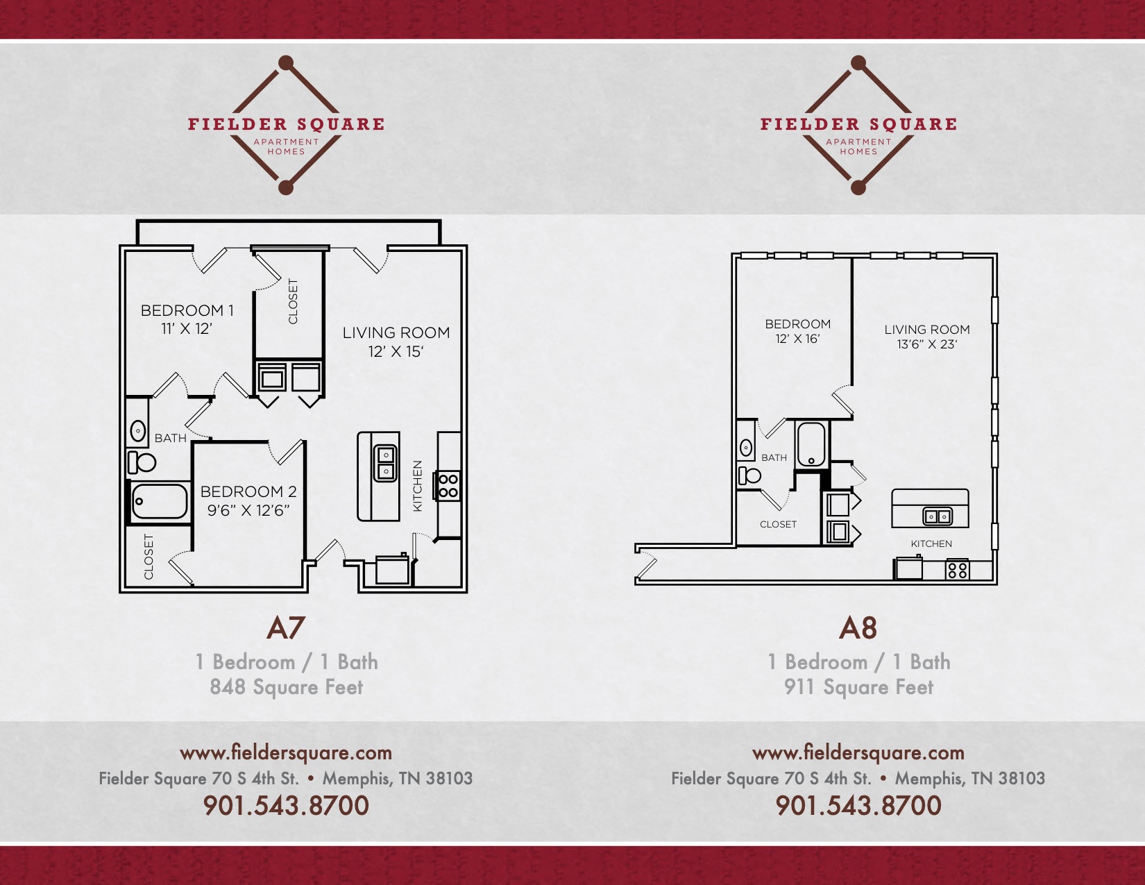 Floor plan for 1 bed, 1 bath, 848 sqft